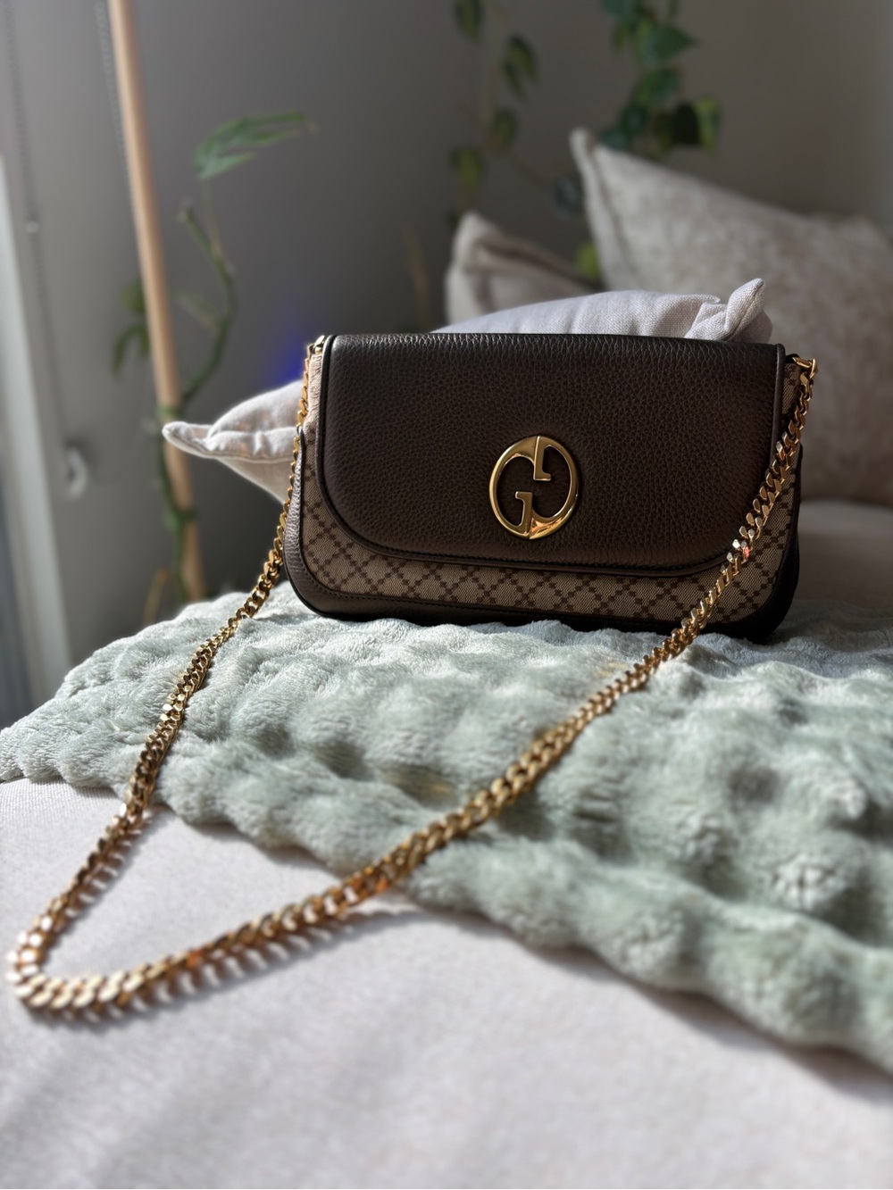 Gucci Brown GG Chain Crossbody with Gold Hardware